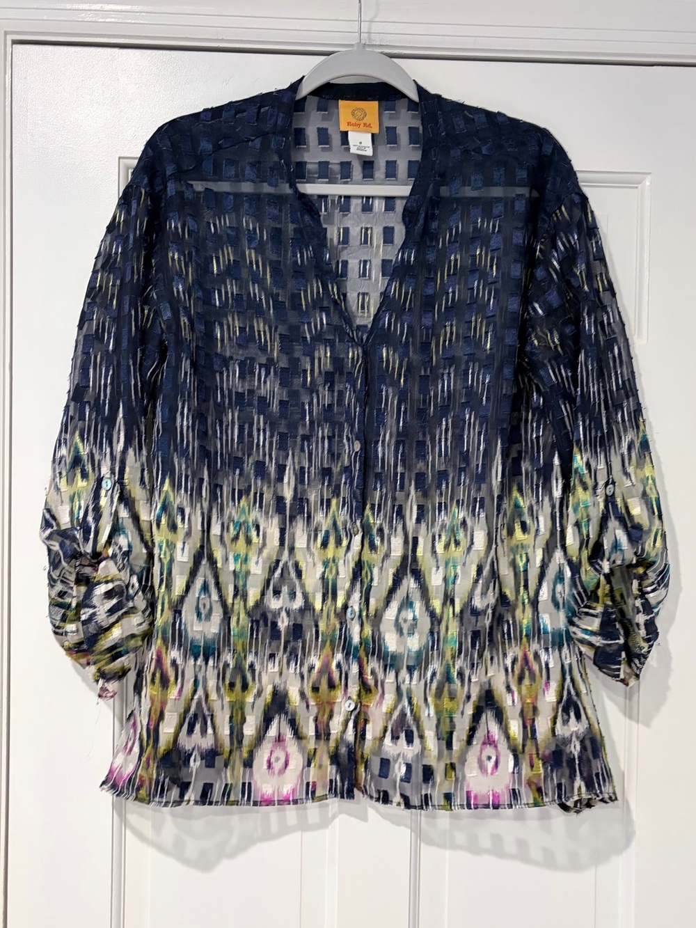 Ruby Rd Size 8 Sheer Navy Ikat Print Button Front Blouse Roll Tab Sleeve